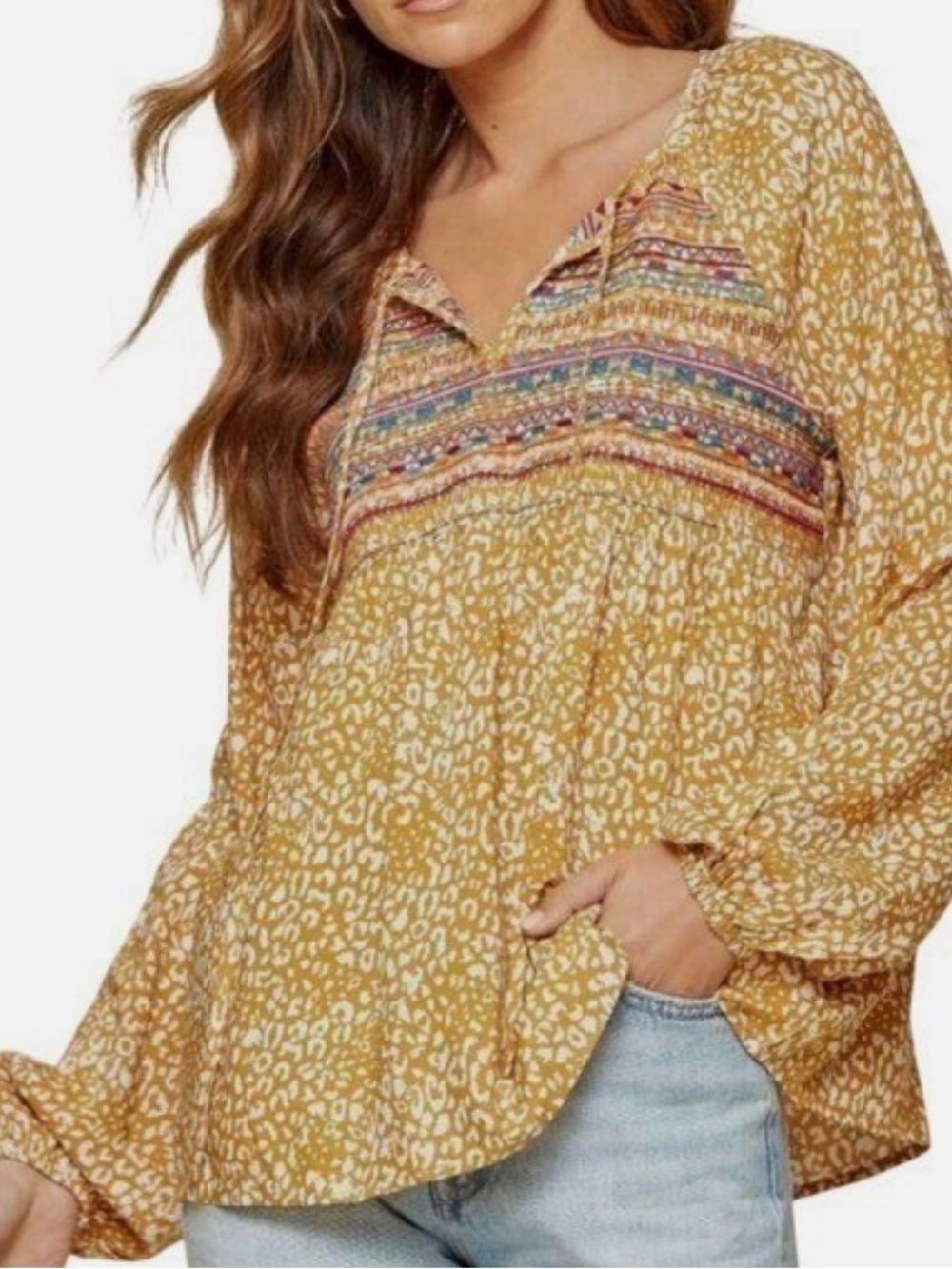 Savanah Jane Esther Marigold Leopard Printed Boho Peasant Top